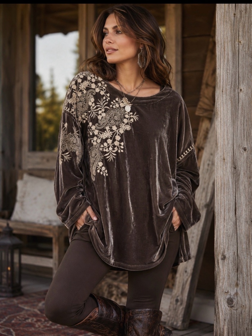 Time For Me Velvet Embroidered Paisley Boho Tunic Top Brown Large